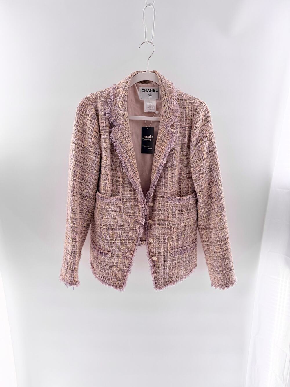 CHANEL Cotton-Blend Notch Lapel Tweed Blazer Pastel Pink & Purple FR 46 / US 14